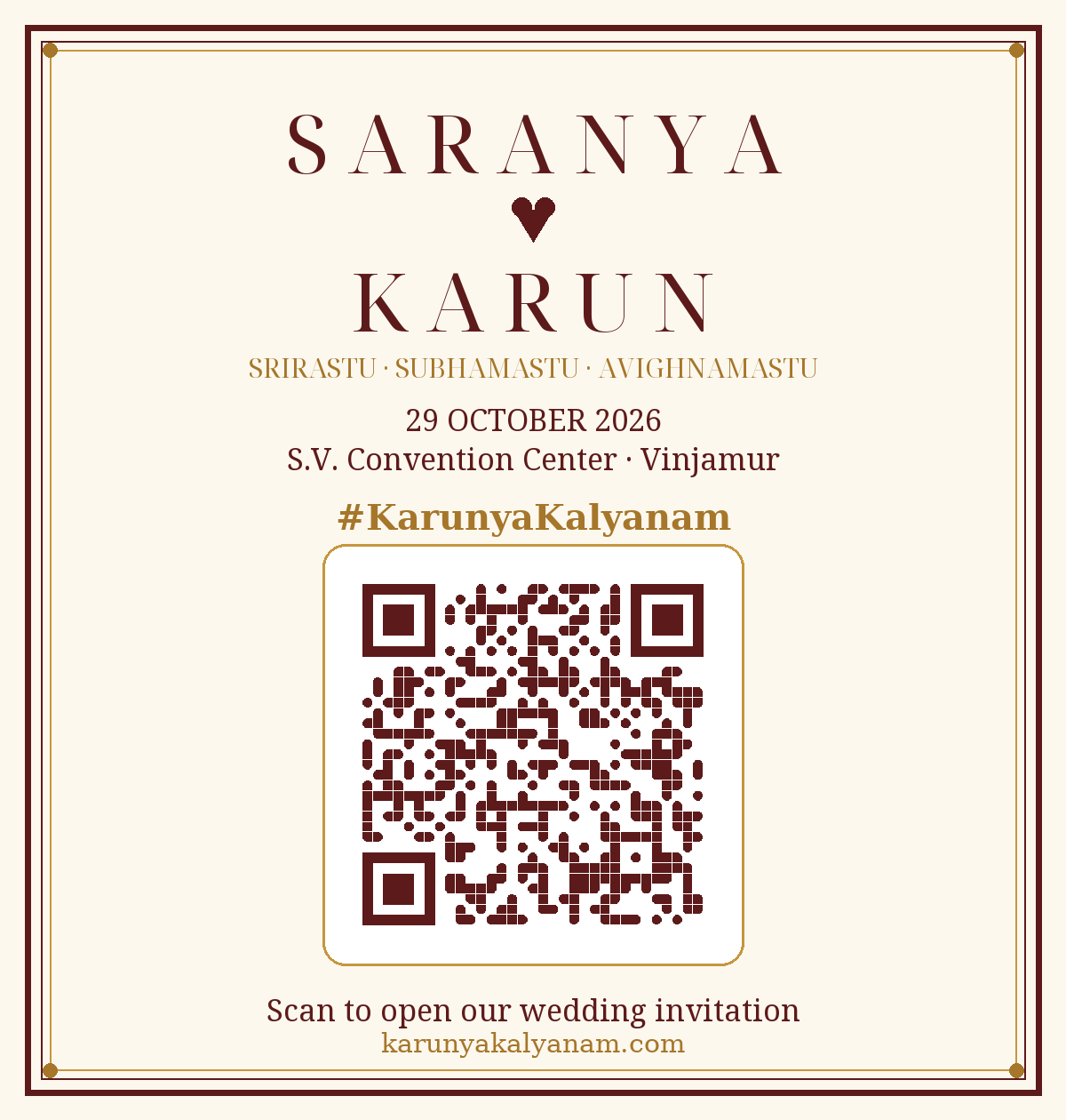 QR code invitation card for Saranya and Karun's wedding website